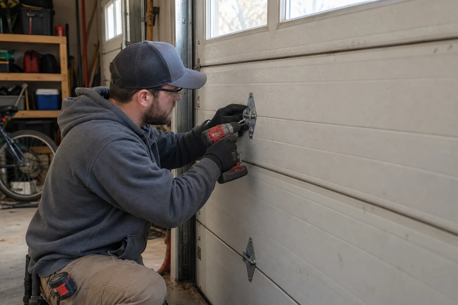 Illustrative garage doors scene; not an actual job
