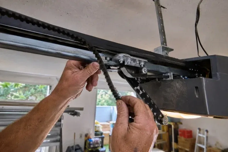 Hands holding a loose toothed belt beside the rail and trolley of an overhead garage-door opener. — Belt-Drive Opener Repair, Glen Huron