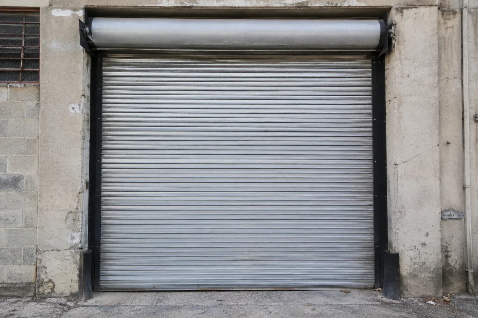 Closed metal rolling shutter in a weathered warehouse opening. — Commercial Rolling Door Repair, Wasaga Beach