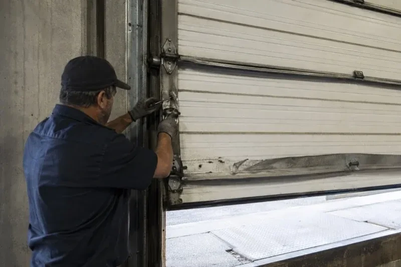 Person holding tools at the side hinge of a partly raised industrial sectional door — Commercial Sectional Door Repair, Wasaga Beach