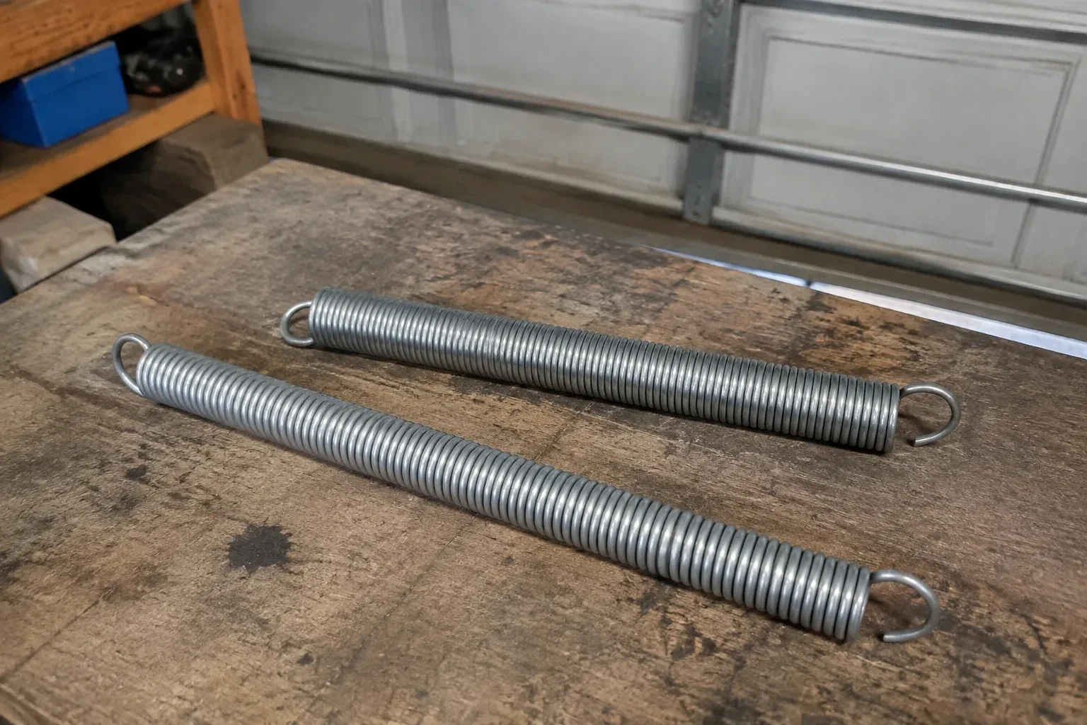 Two detached extension springs with hooked ends on a garage bench. — Extension Spring Replacement, Wasaga Beach