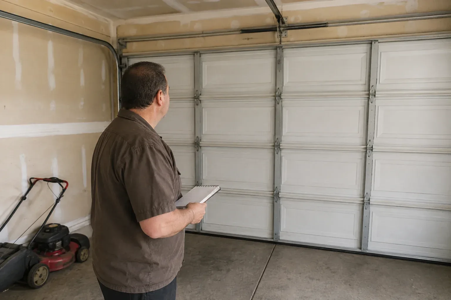 Technician holding a notebook while looking at a closed sectional door. — Garage Door Balance Adjustment, Wasaga Beach