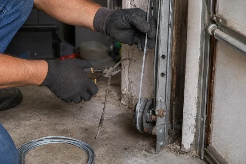 Gloved hands holding a bright cable and pliers gripping a frayed cable beside a garage-door track and pulley. — Garage Door Cable Replacement, Wasaga Beach