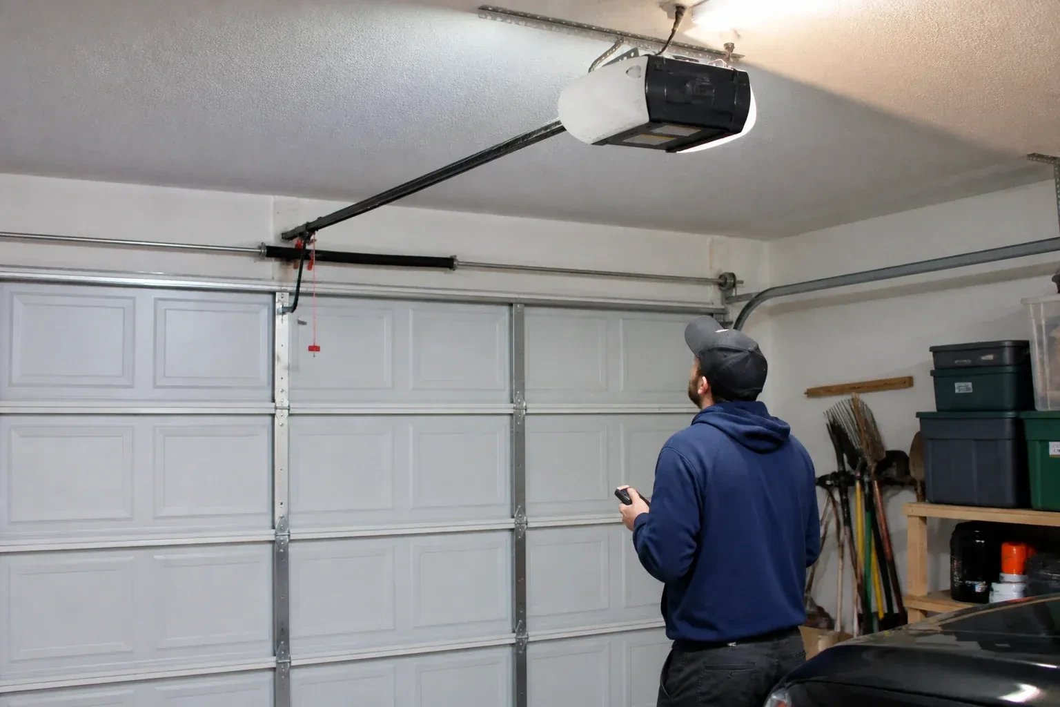 A person holding a remote looks toward an overhead garage-door opener and rail. — Garage Door Opener Diagnosis and Repair, Wasaga Beach