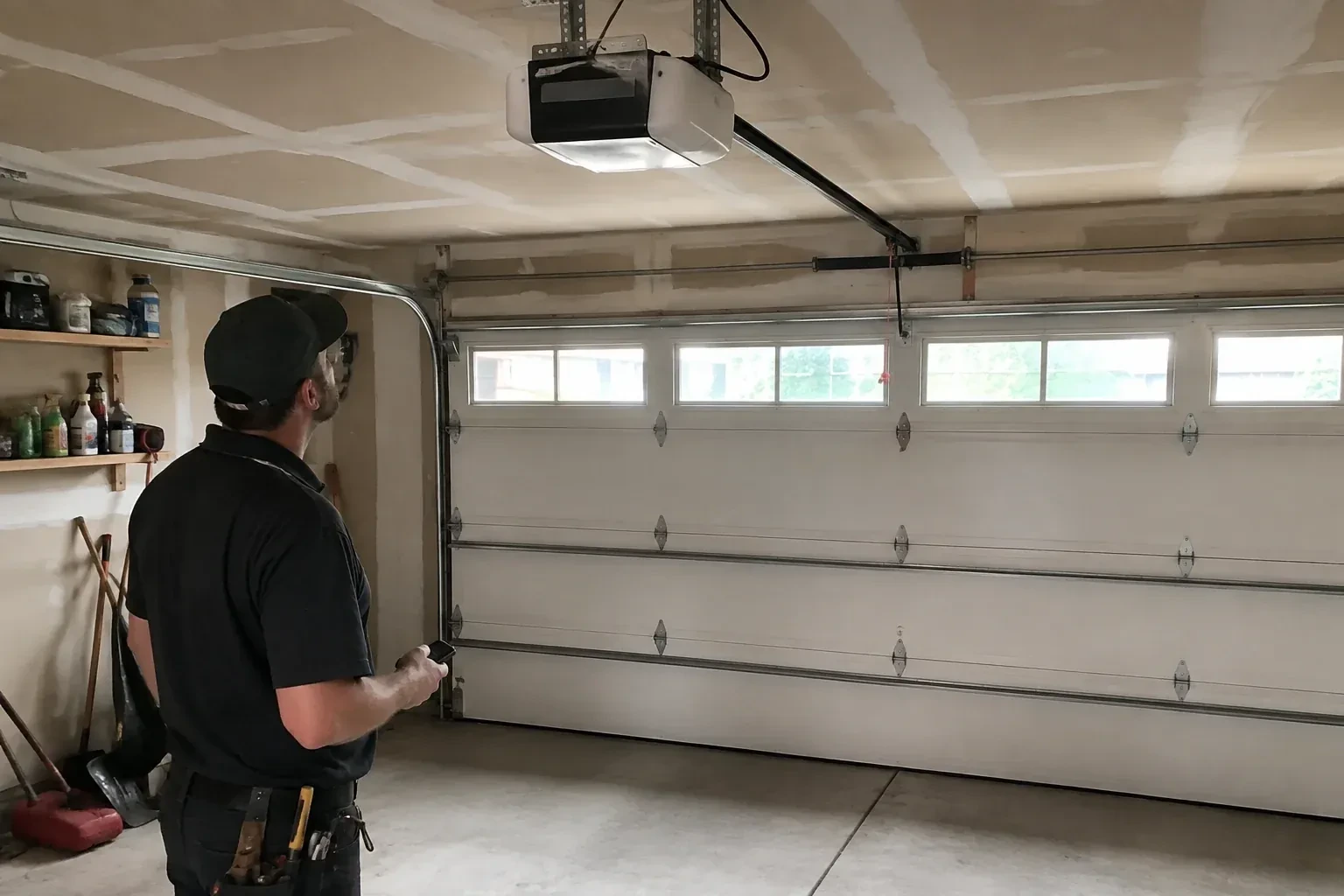 A person looks at an overhead opener above a closed garage door with a row of windows. — Garage Door Opener Replacement, Glen Huron