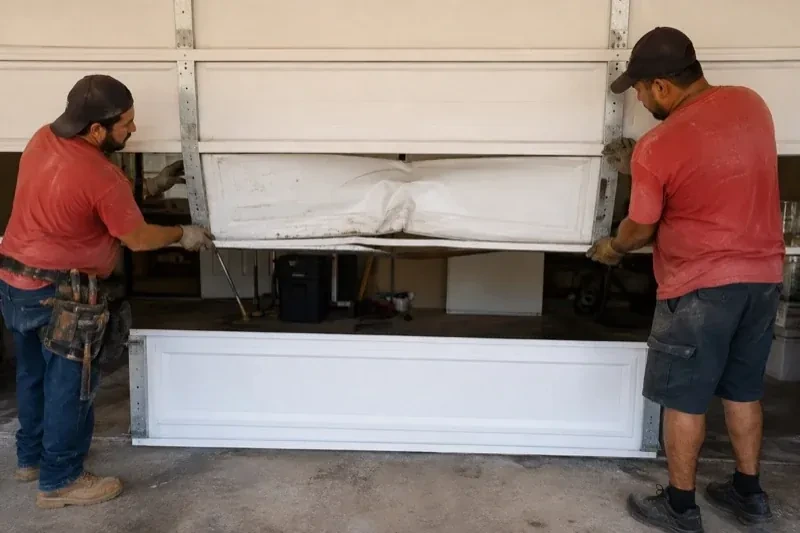 Two people holding a dented lower garage-door section above a separate white panel resting on the ground. — Garage Door Panel Replacement, Wasaga Beach