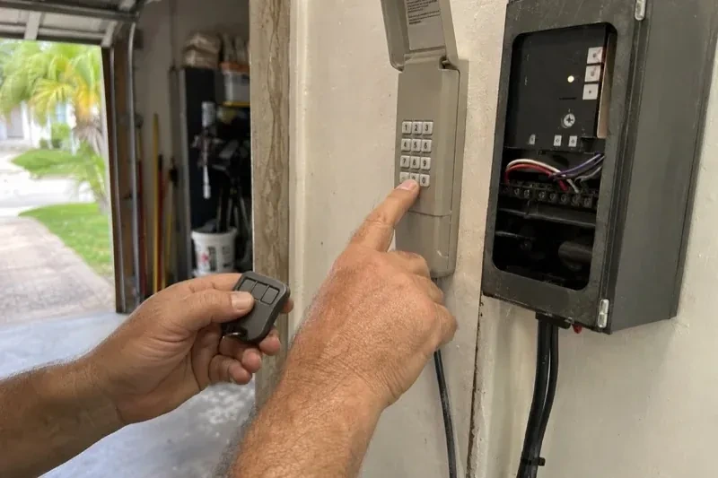 Hands holding a small remote and pressing a wall-mounted keypad beside an open control box with visible wiring. — Garage Door Remote and Keypad Programming, Wasaga Beach
