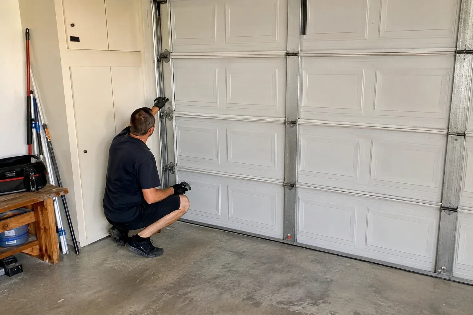 A person kneels beside the side track and hinges of a closed sectional garage door. — Garage Door Safety Inspection, Wasaga Beach