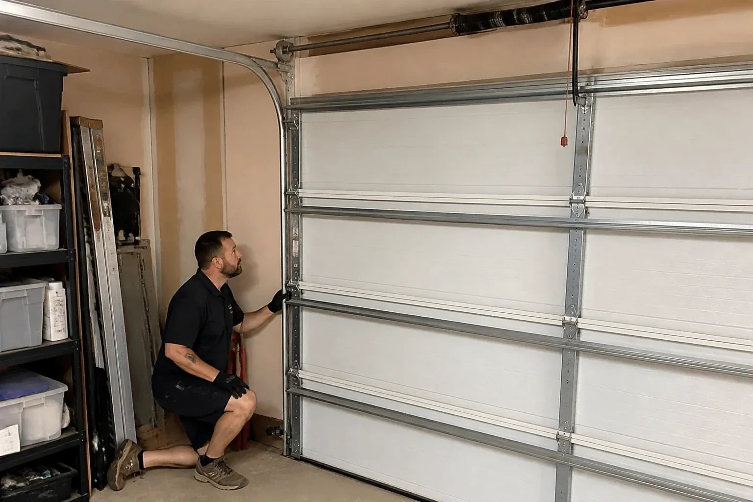 A person examines the vertical side track of a closed garage door. — Garage Door Track Repair or Replacement, Wasaga Beach