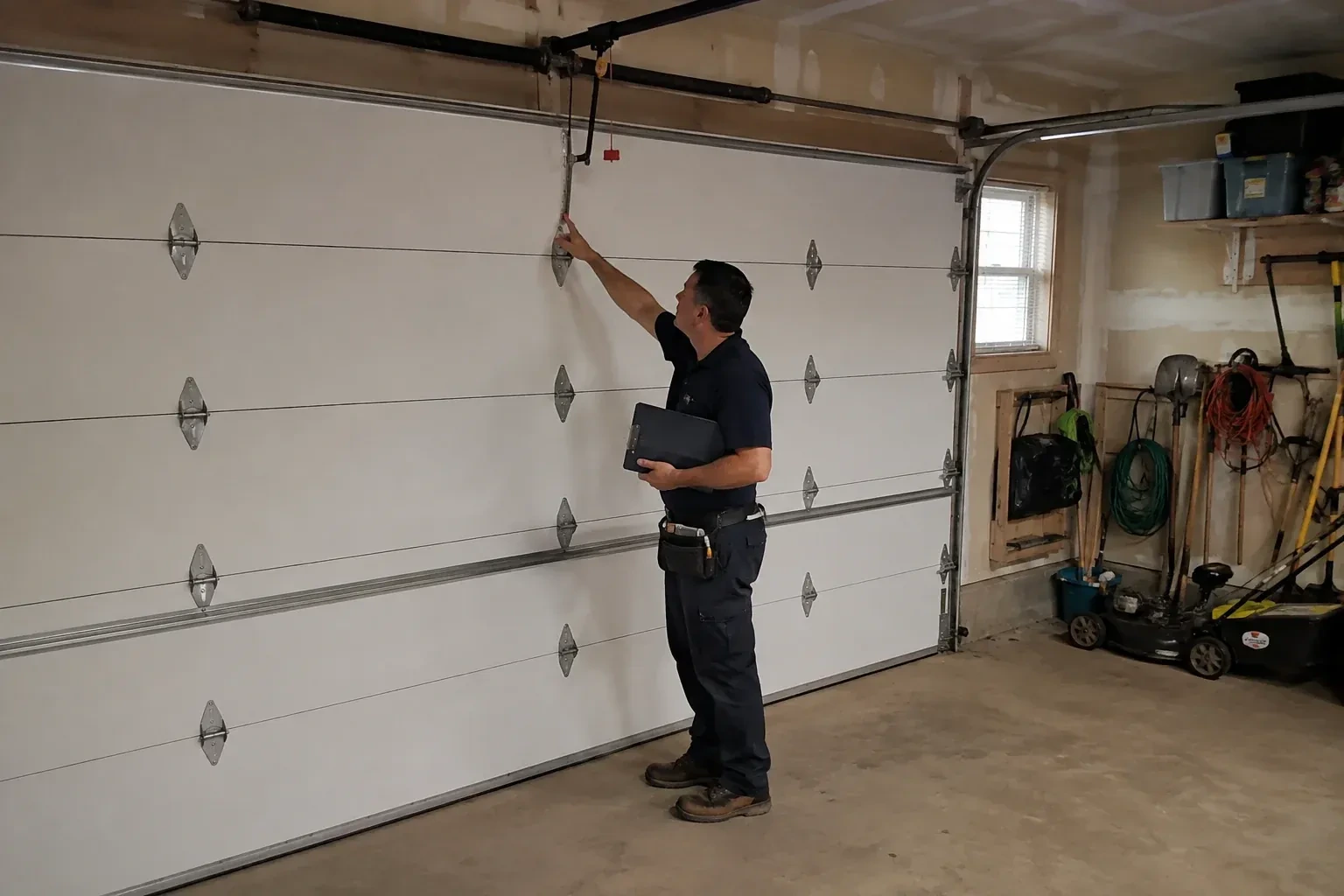 A person holding a clipboard examines the interior hardware of a closed garage door. — Garage Door Tune-Up, Wasaga Beach