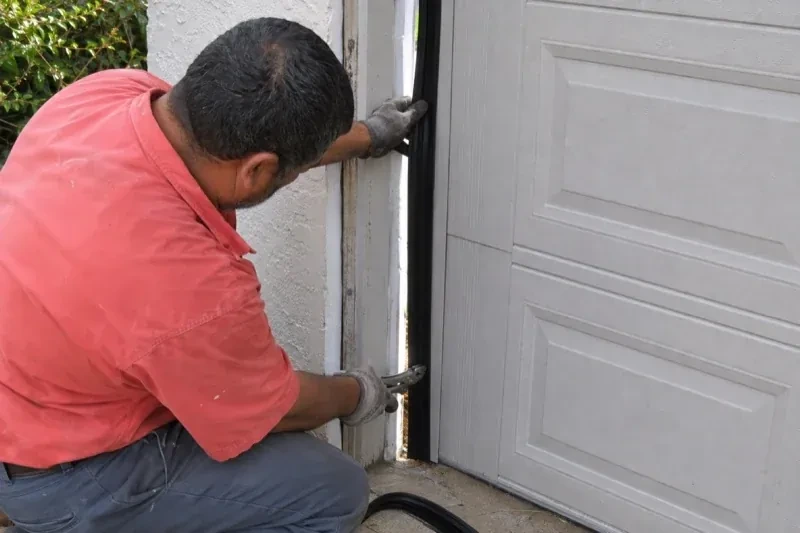 Gloved person holding a black strip along the side of a sectional garage-door opening — Garage Door Perimeter Weatherstrip, Wasaga Beach
