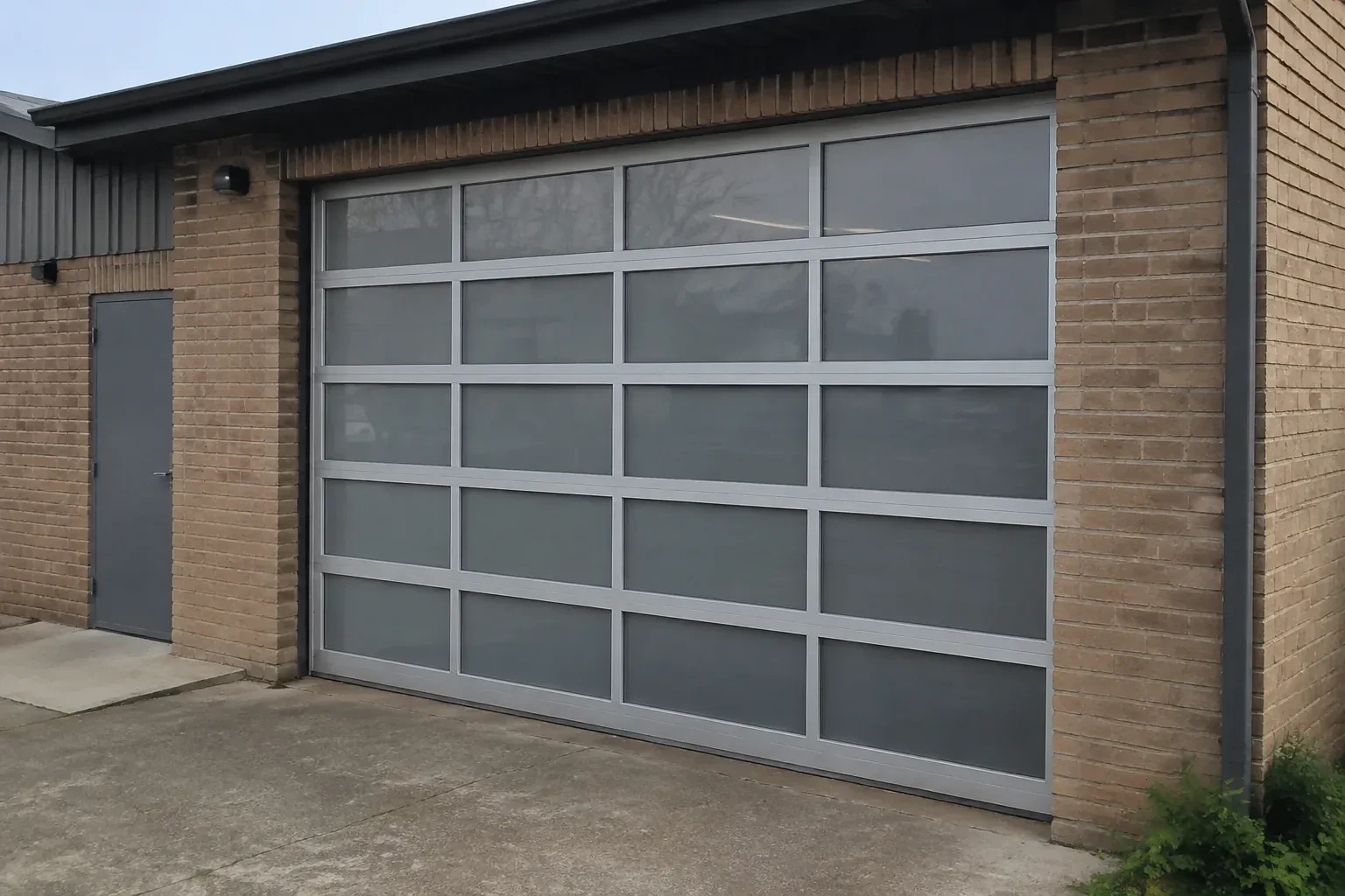 Closed glazed sectional door in a grey metal frame at a brick workshop. — Full-View Glass Garage Door Installation, Wasaga Beach
