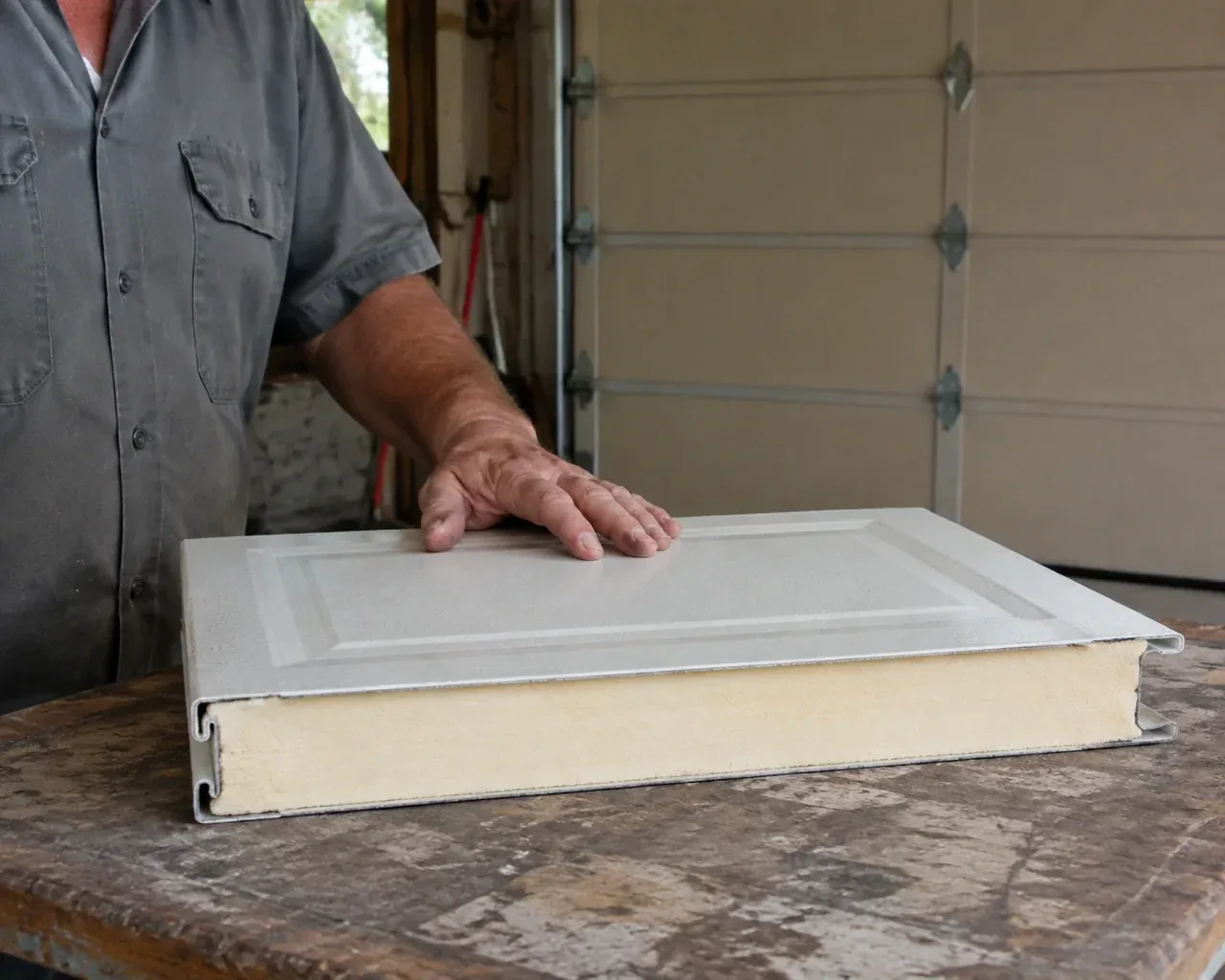 A panel sample exposes a cream foam core between thin metal faces on a garage workbench. — Insulated Steel Garage Door Installation, Wasaga Beach