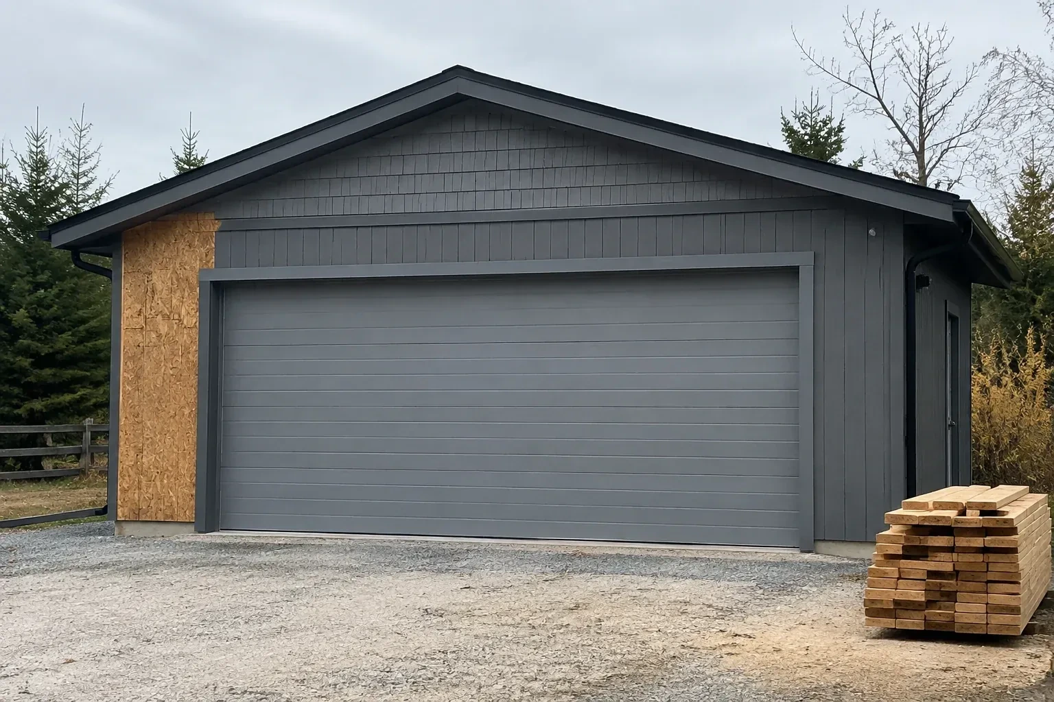 Closed grey garage door on a partly finished building beside stacked lumber. — New-Construction Garage Door Installation, Wasaga Beach