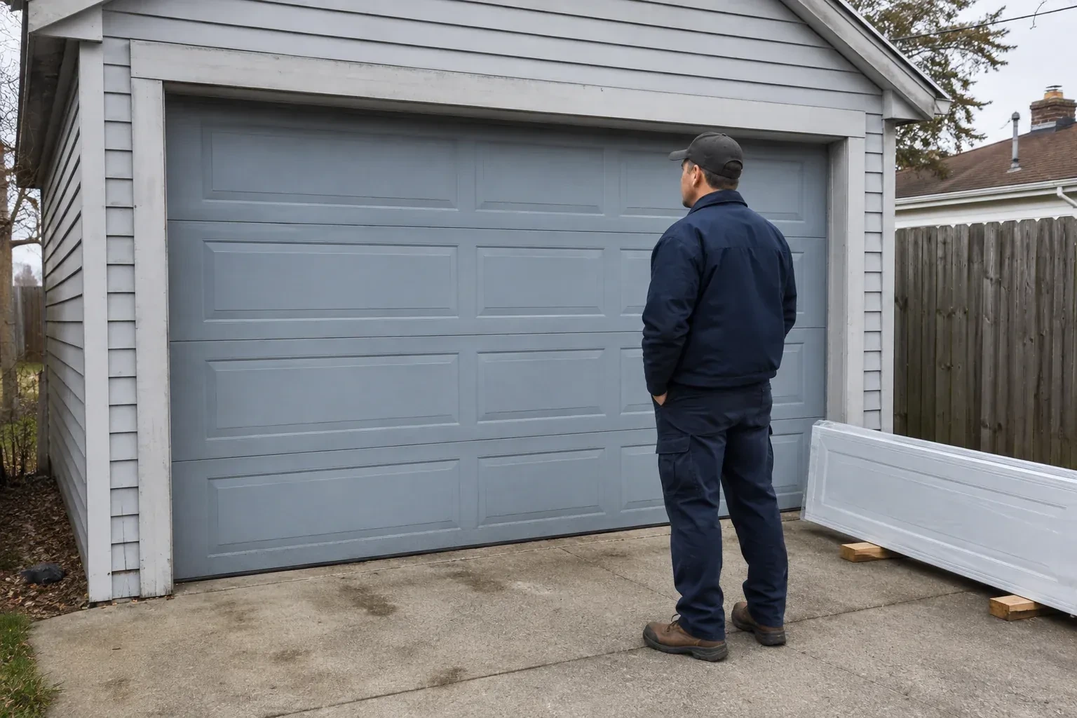 A person examines a blue-grey sectional garage door with a packaged door panel resting beside the driveway. — Sectional Garage Door Replacement, Wasaga Beach