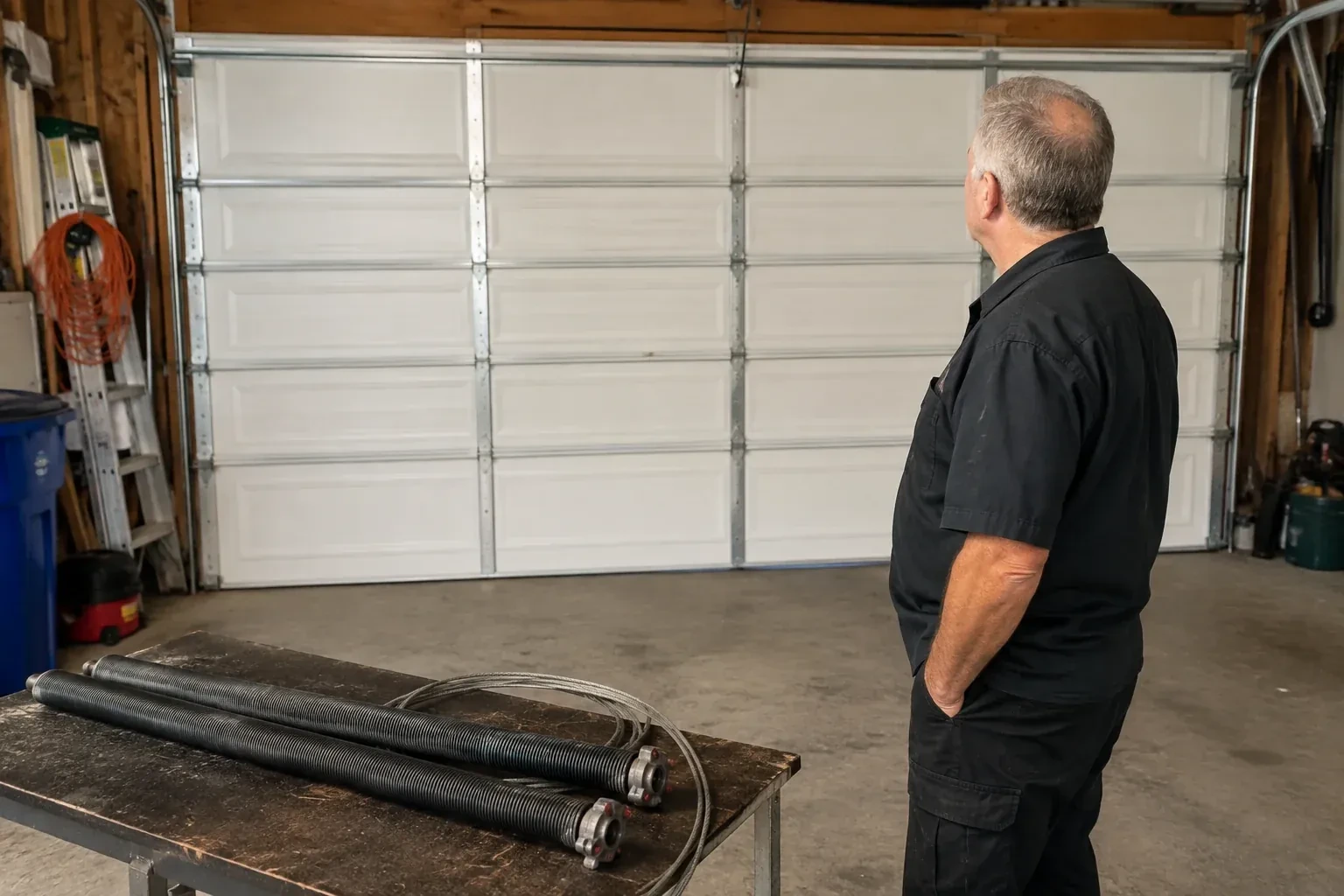 Detached coil springs with end fittings and a cable rest on a bench in front of a closed garage door. — Torsion Spring Replacement, Wasaga Beach